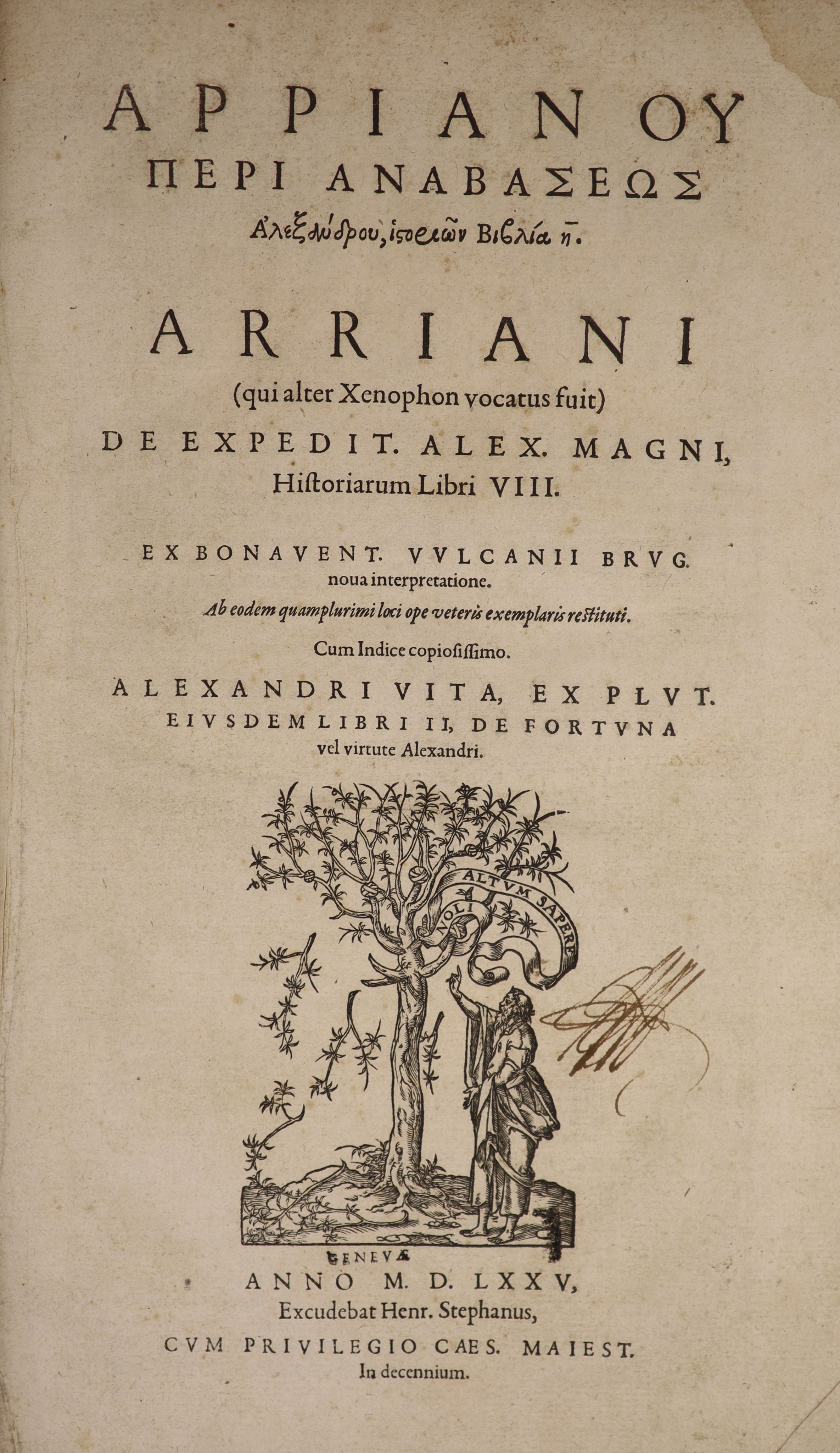 Arrianus, Flavius - (Gk. title) De Expedit. Alex. Magni, Historiarum libri VIII ... engraved title device, head and tailpiece decorations, decorated initial letters: (12), 198, 68, (11)pp.